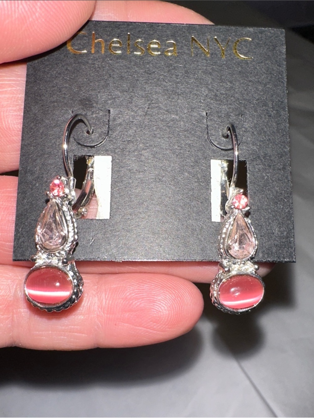 Pink Drop Earrings with cat eye Silver-tone new
